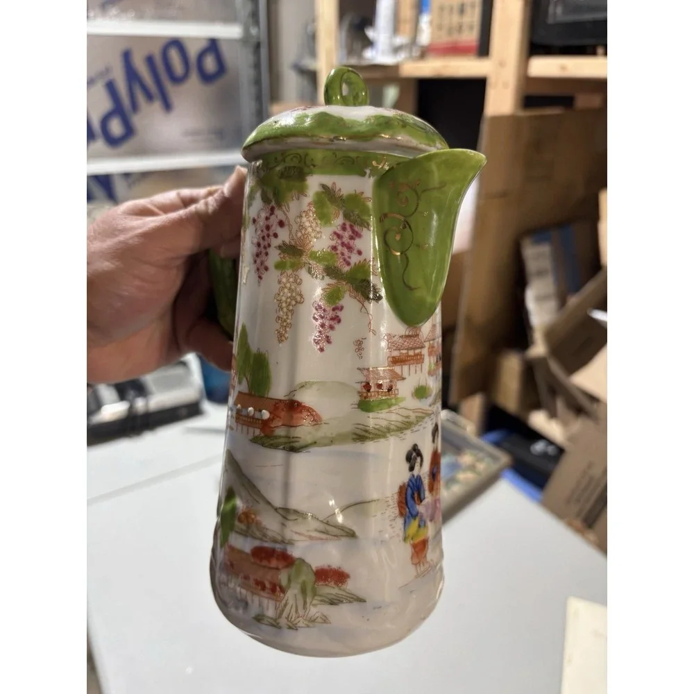 Japanese Geisha Chocolate‎ Pot Green Border Hand Painted Pitcher Teapot